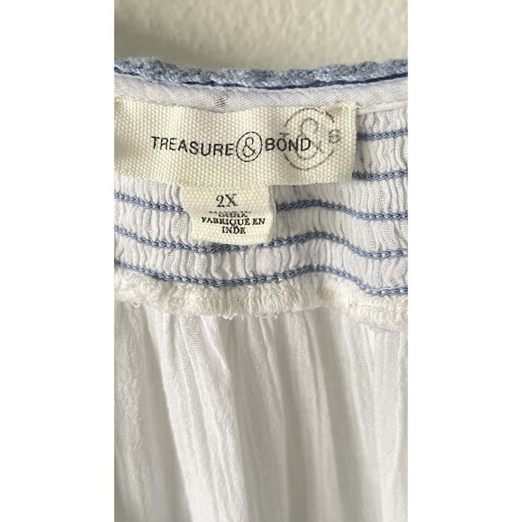Treasure & Bond White Blue Floral Embroidered Bohemian Peasant Top Size 2X - Picture 9 of 13